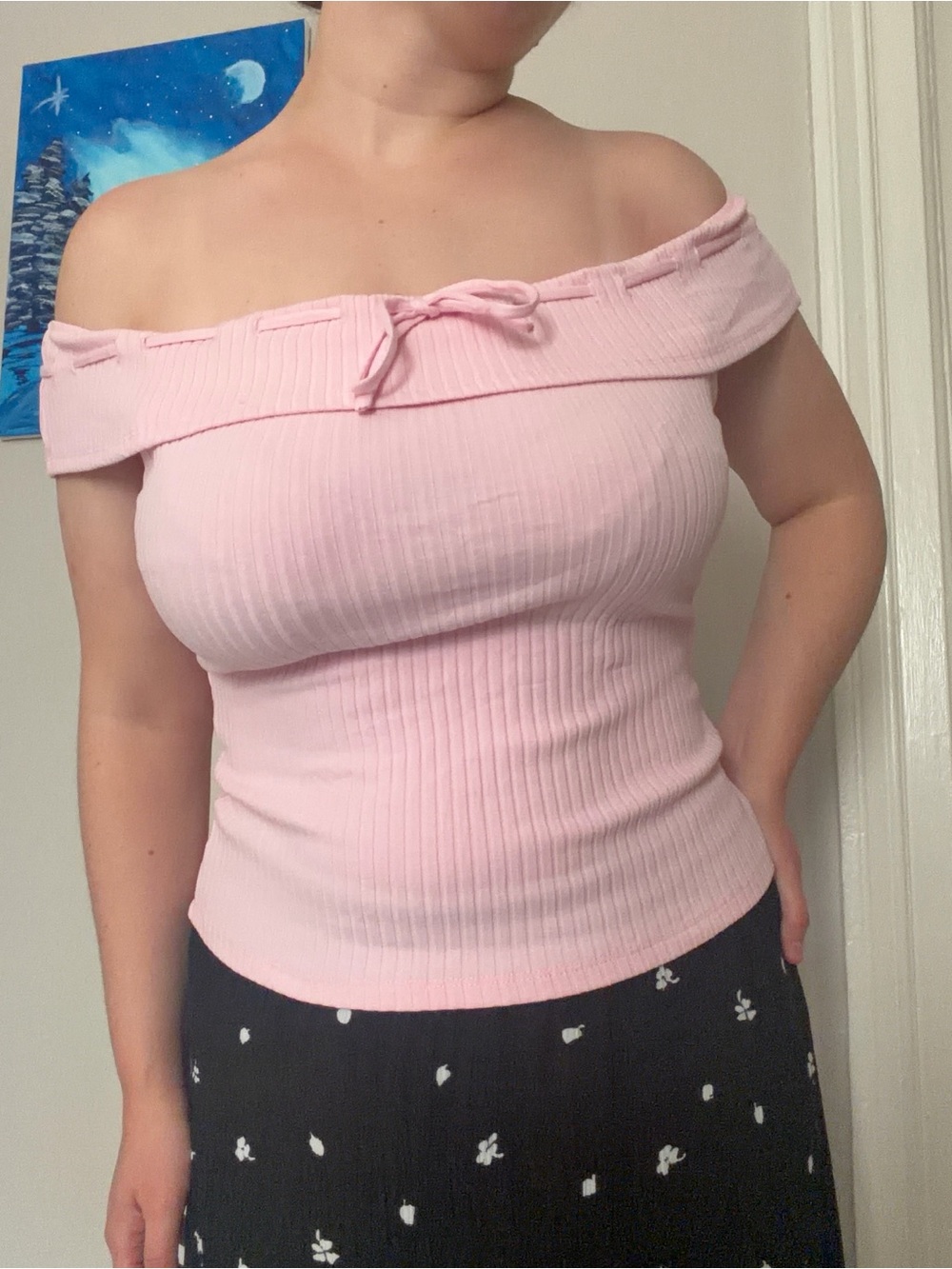 Forever 21 Pink Ribbed Off-Shoulder Top
